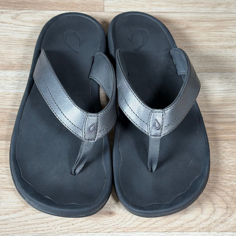 OluKai Ohana Sandals Womens Size 8 Pewter Black Flip Flop Beach 20110-7340